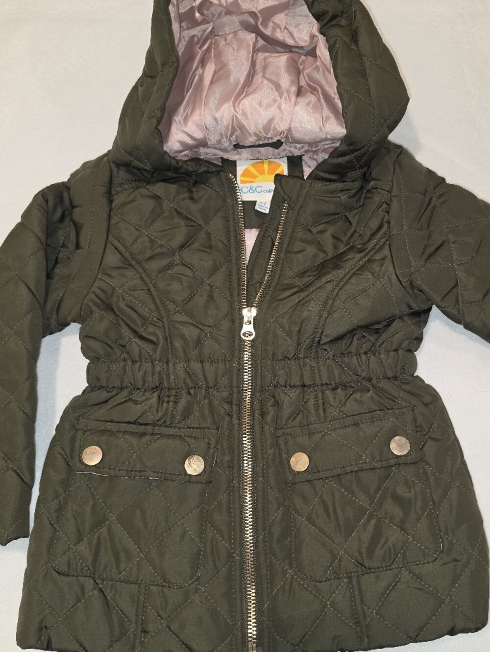 Girls Quilted Hooded Jacket - Olive Green